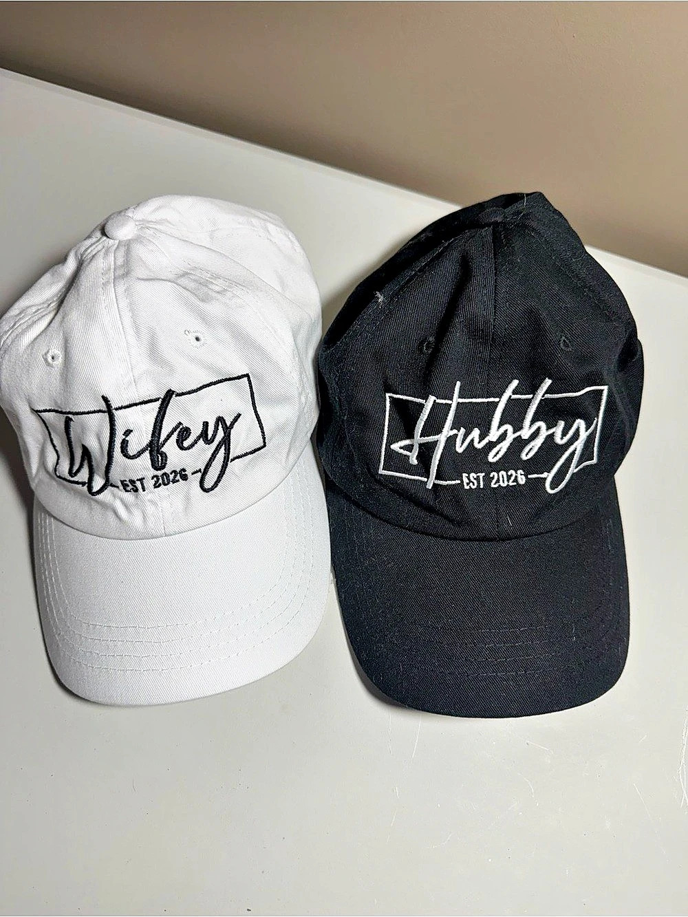 Hubby Wifey Embroidered Baseball Cap Set Black & White